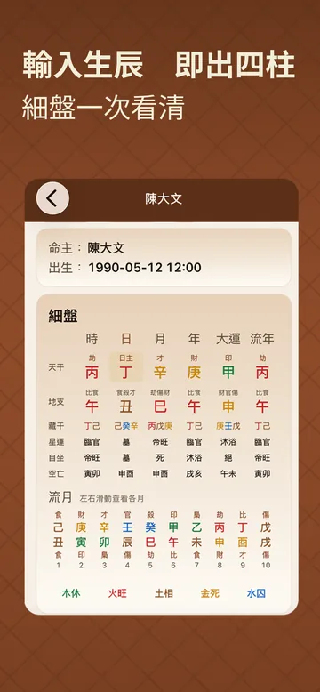 八字排盤截圖：輸入生辰即出四柱細盤