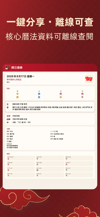 擇日通勝截圖:一鍵分享通勝圖卡,核心曆法資料離線可查