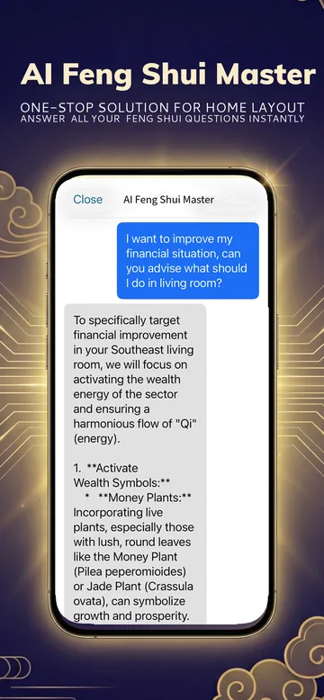Feng Shui Compass screenshot: AI feng shui assistant answering a home layout question
