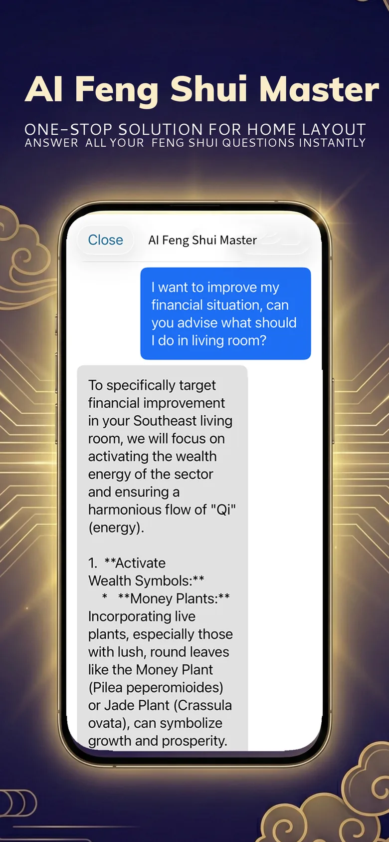 Feng Shui Compass screenshot: AI feng shui assistant answering a home layout question