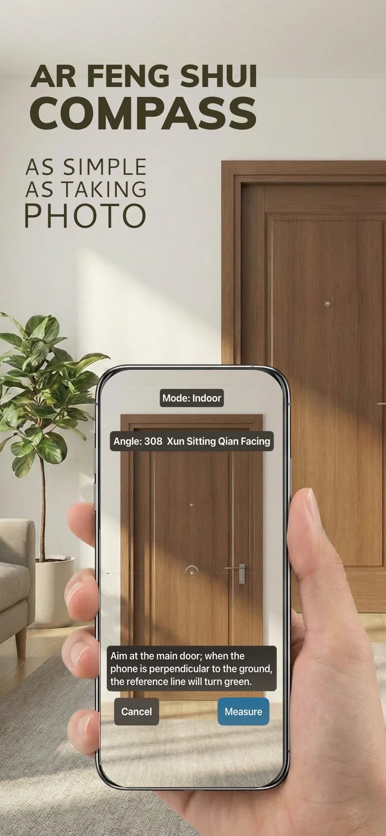 Feng Shui Compass screenshot: AR camera measuring door facing direction and angle