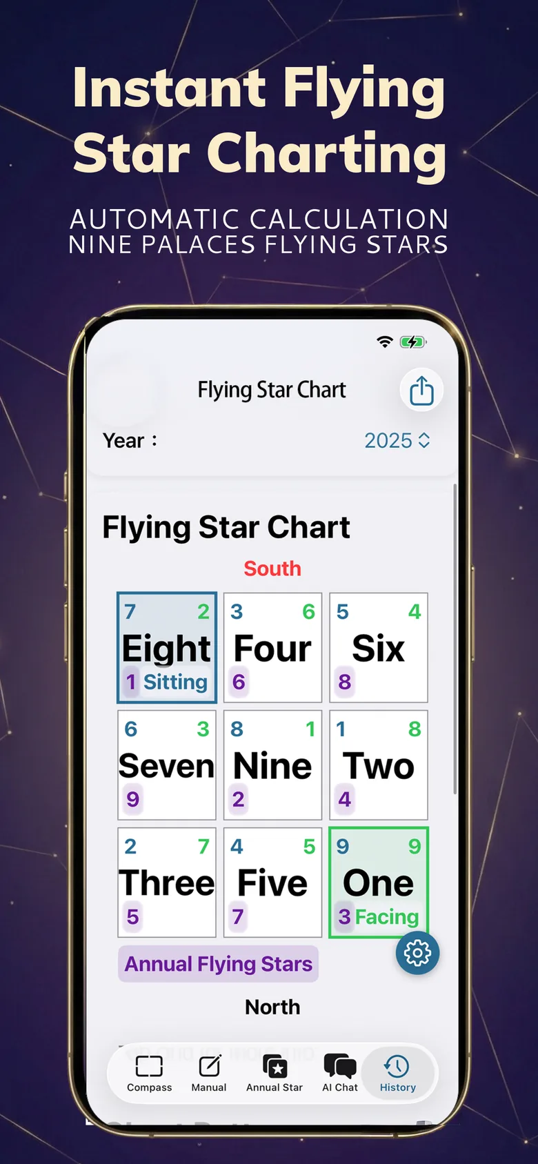 Feng Shui Compass screenshot: Xuan Kong flying star chart with palace stars