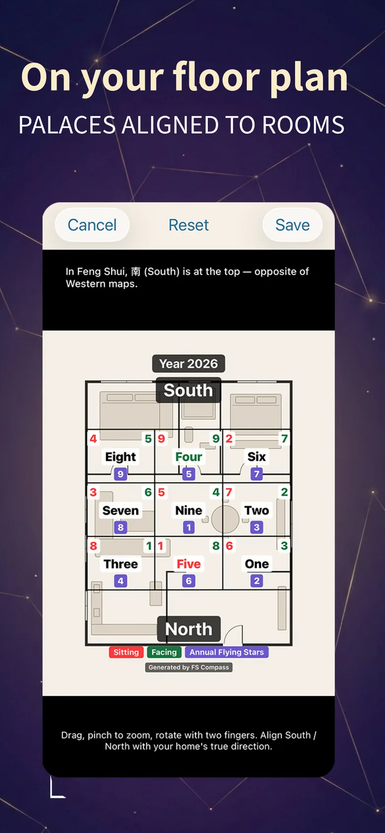 Feng Shui Compass screenshot: flying star chart overlaid on a floor plan