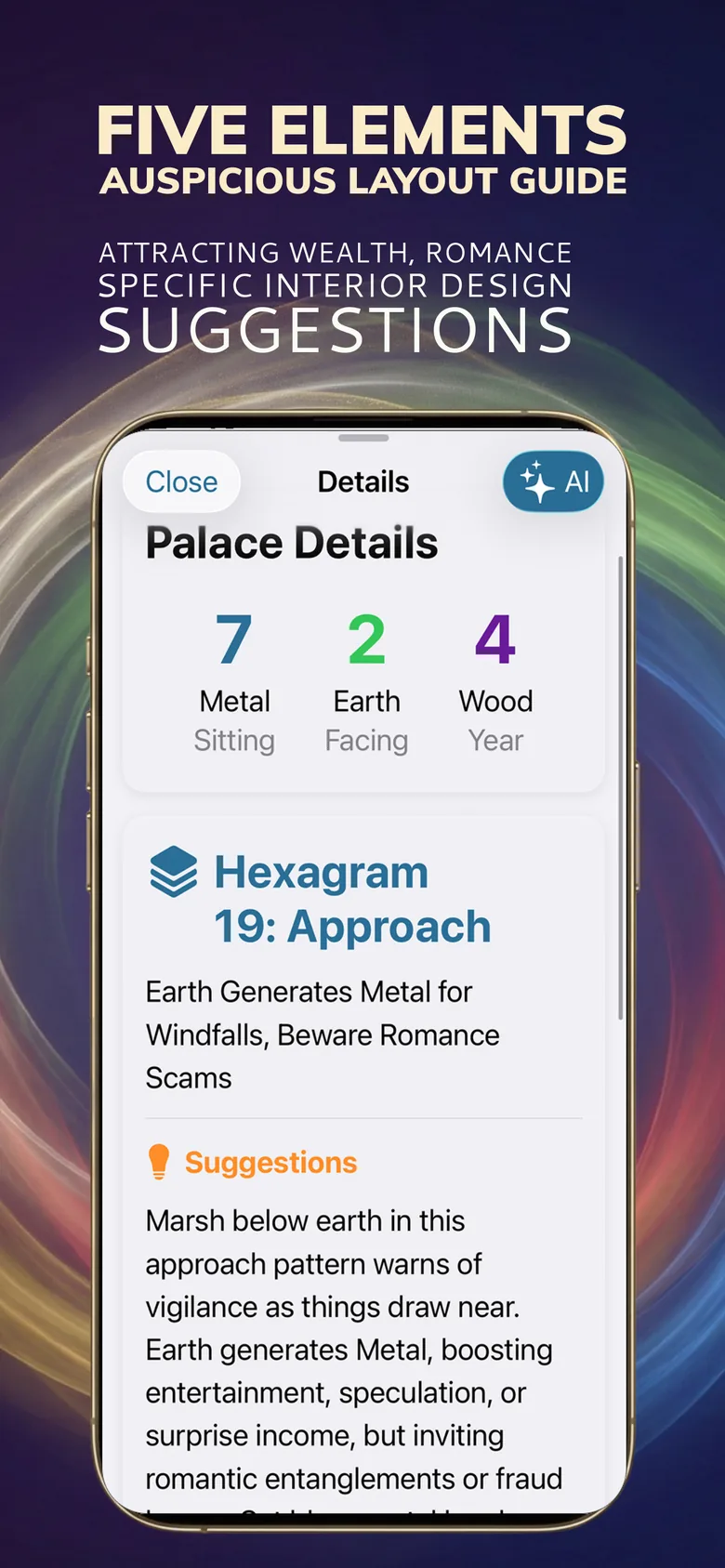 Feng Shui Compass screenshot: palace detail with five-element layout recommendations