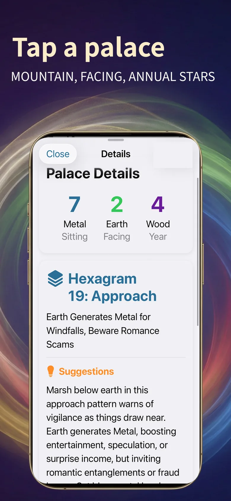 Feng Shui Compass screenshot: palace detail with mountain, facing, and annual stars