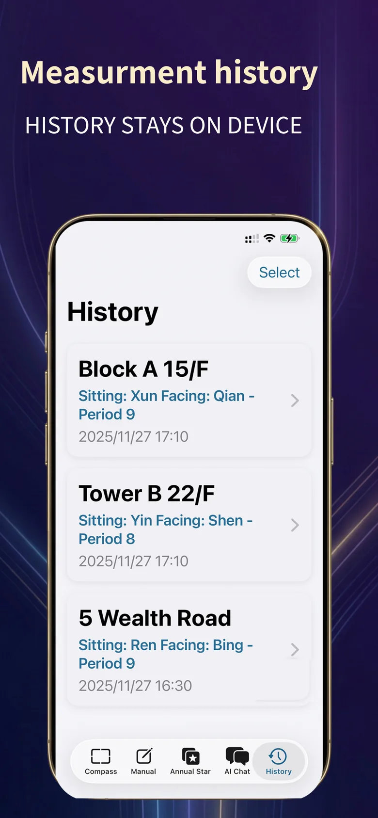Feng Shui Compass screenshot: saved facing readings stored on the device