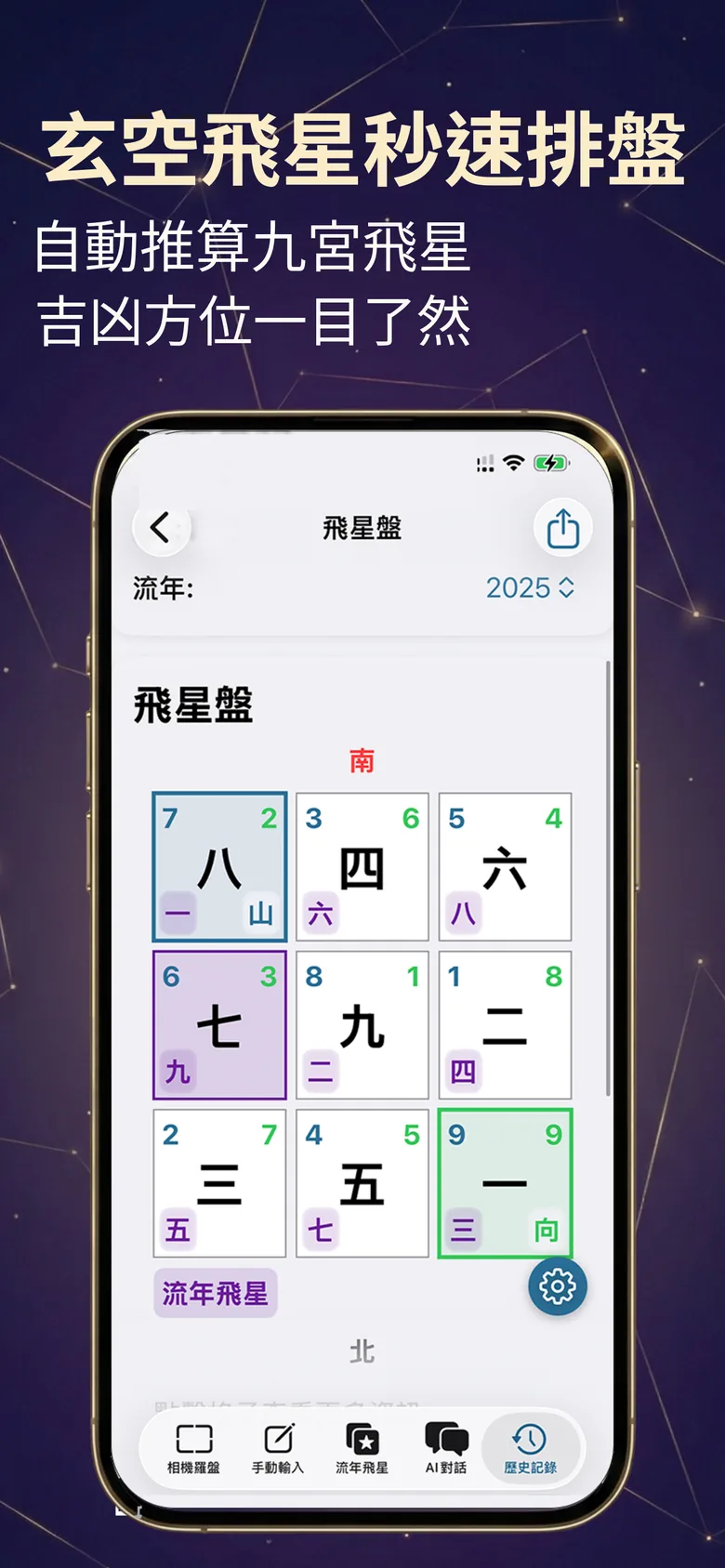 風水羅盤截圖：玄空飛星九宮盤，顯示山向與流年飛星