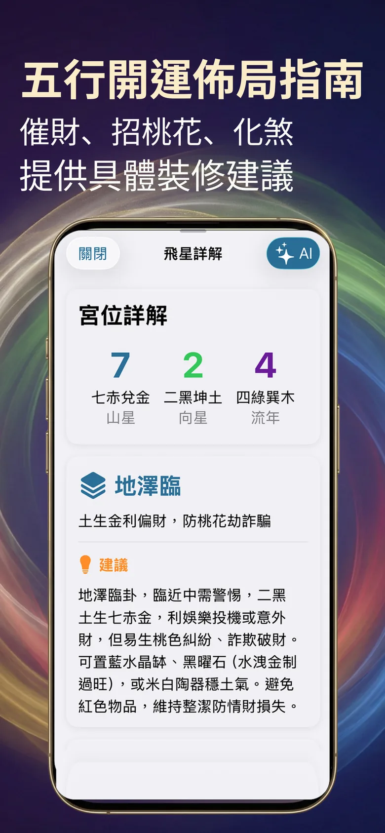 風水羅盤截圖：宮位詳解與五行佈局、裝修建議