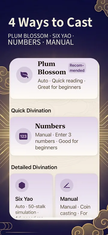 Plum Oracle screenshot: four casting methods including Plum Blossom and Six Yao