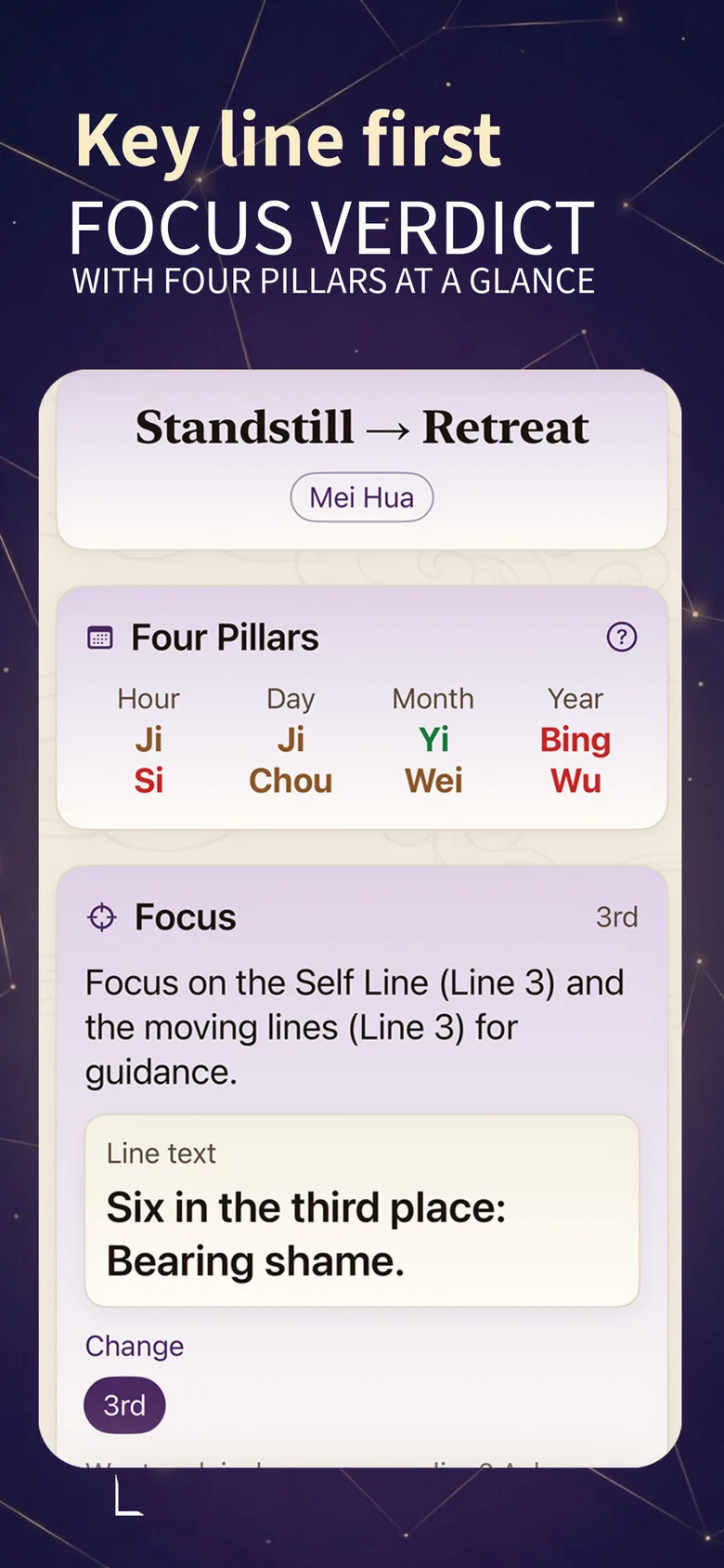 Plum Oracle screenshot: key line text, four pillars, and focus guidance for a reading
