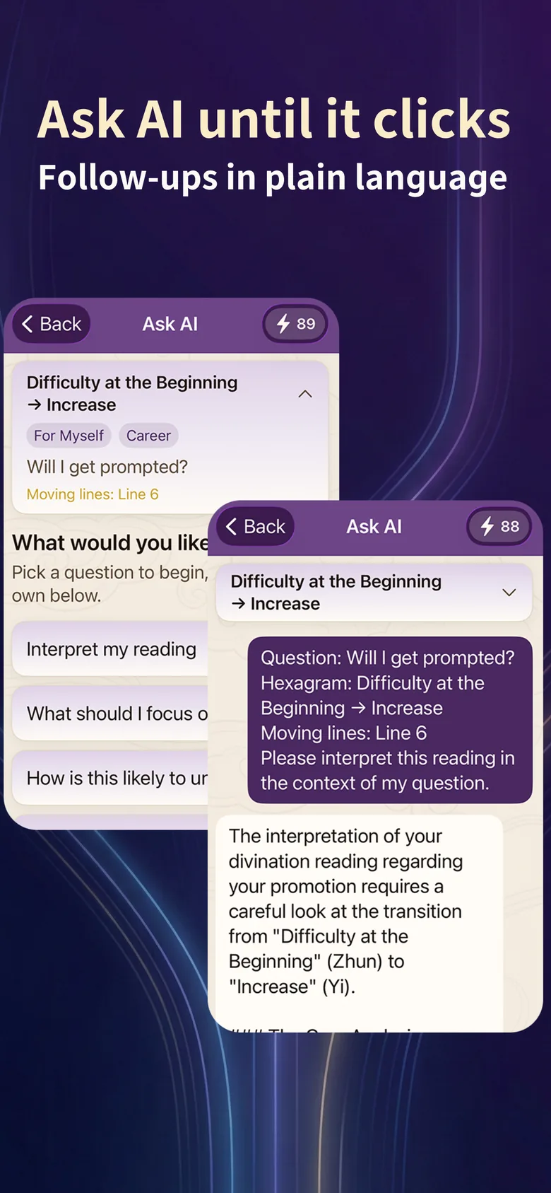Plum Oracle screenshot: AI chat interpreting a hexagram in plain language